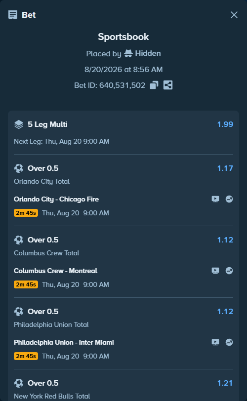 Bet slip: Orlando City - Chicago Fire, $10,123.01 stake at 1.17 odds, placed by Hidden