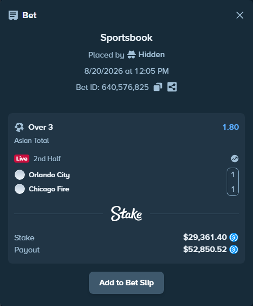 Bet slip: Orlando City - Chicago Fire, $29,361.40 stake at 1.80 odds, placed by Hidden