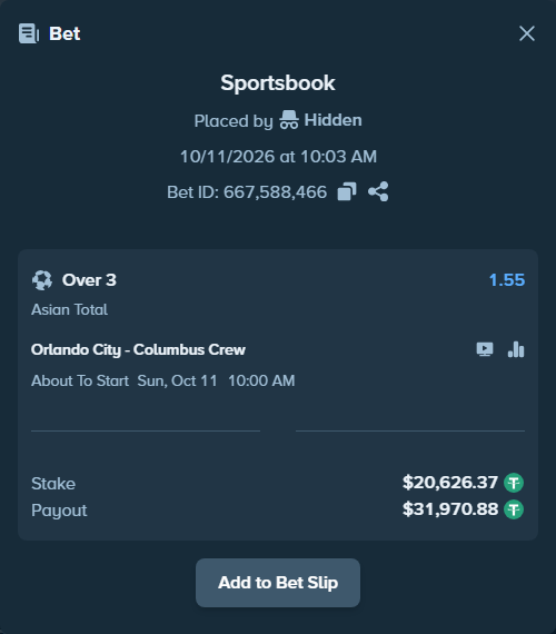 Bet slip: Orlando City - Columbus Crew, $20,647.00 stake at 1.55 odds, placed by tlwns4736