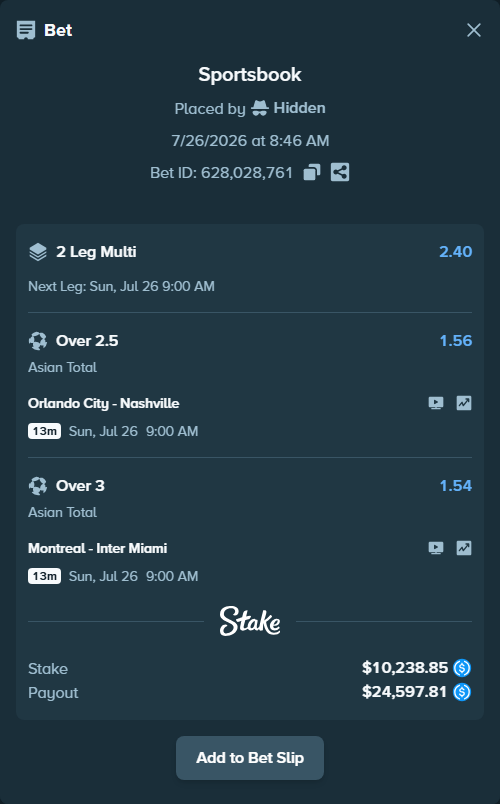 Bet slip: Orlando City - Nashville, $10,238.85 stake at 1.56 odds, placed by Hidden