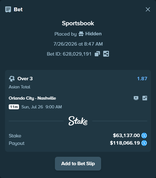 Bet slip: Orlando City - Nashville, $63,137.00 stake at 1.87 odds, placed by Hidden