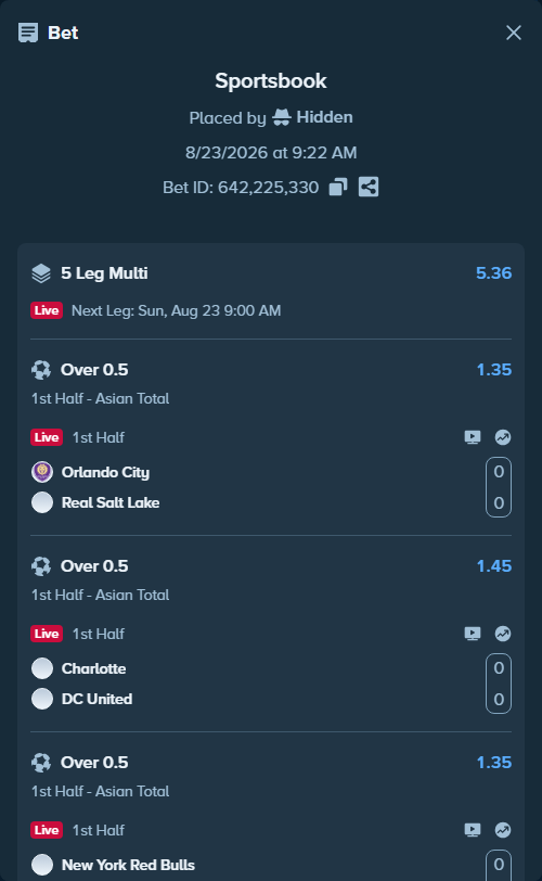 Bet slip: Orlando City - Real Salt Lake, $100,941.91 stake at 1.35 odds, placed by Hidden