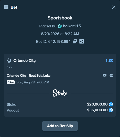 Bet slip: Orlando City - Real Salt Lake, $20,000.00 stake at 1.80 odds, placed by boikot115