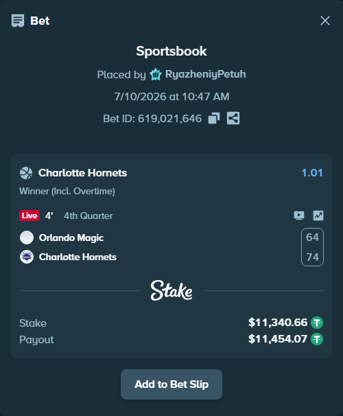 Bet slip: Orlando Magic - Charlotte Hornets, $11,352.00 stake at 1.01 odds, placed by RyazheniyPetuh