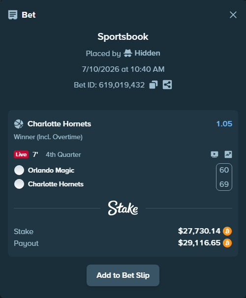 Bet slip: Orlando Magic - Charlotte Hornets, $28,289.70 stake at 1.05 odds, placed by Hidden