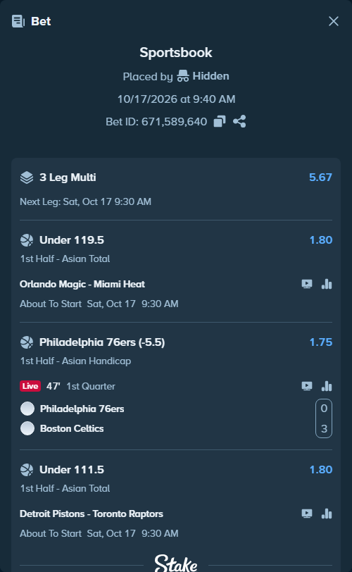 Bet slip: Orlando Magic - Miami Heat, $10,000.00 stake at 1.80 odds, placed by Hidden