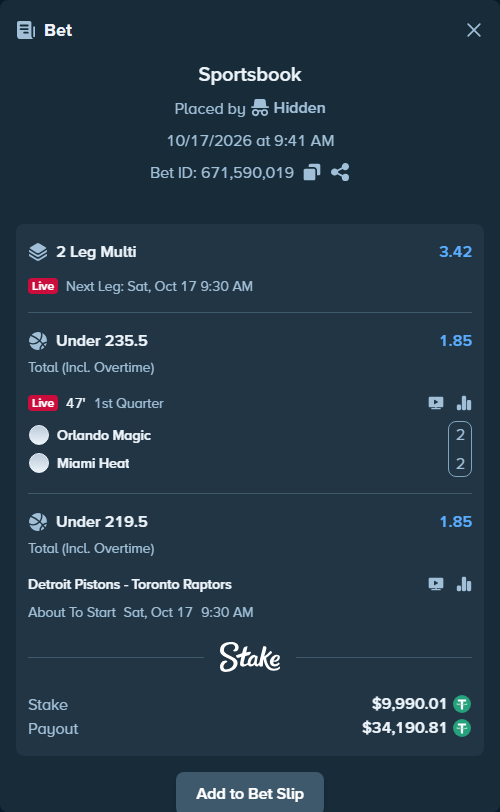 Bet slip: Orlando Magic - Miami Heat, $10,000.00 stake at 1.85 odds, placed by Hidden