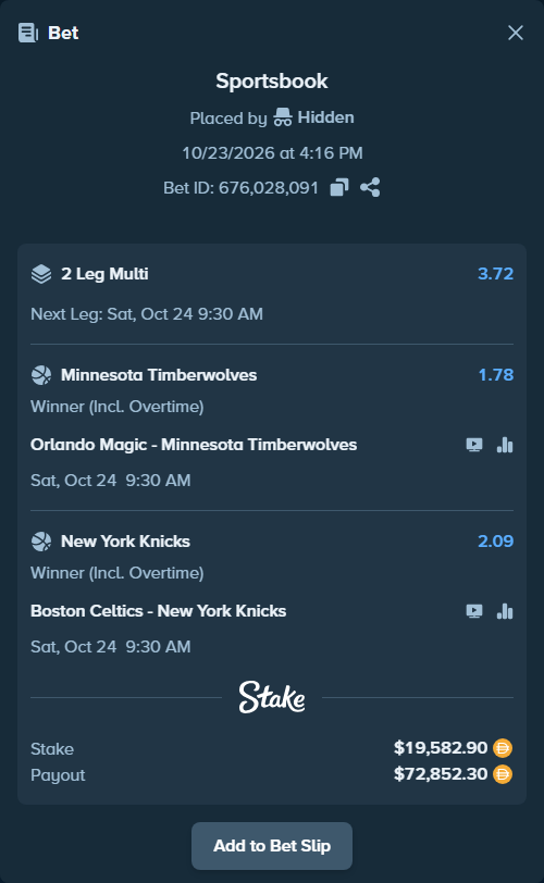 Bet slip: Orlando Magic - Minnesota Timberwolves, $19,582.90 stake at 1.78 odds, placed by Hidden