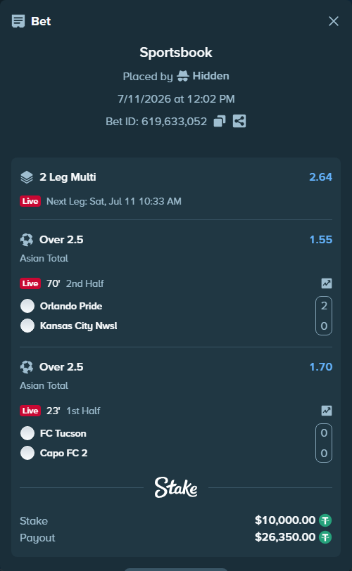 Bet slip: Orlando Pride - Kansas City Current, $10,010.00 stake at 1.55 odds, placed by Hidden