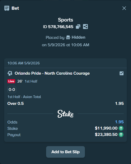 Bet slip: Orlando Pride - North Carolina Courage, $11,990.00 stake at 1.95 odds, placed by Hidden