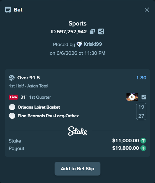 Bet slip: Orleans Loiret Basket - Elan Bearnais Pau-Lacq-Orthez, $11,000.00 stake at 1.80 odds, placed by Kriski99