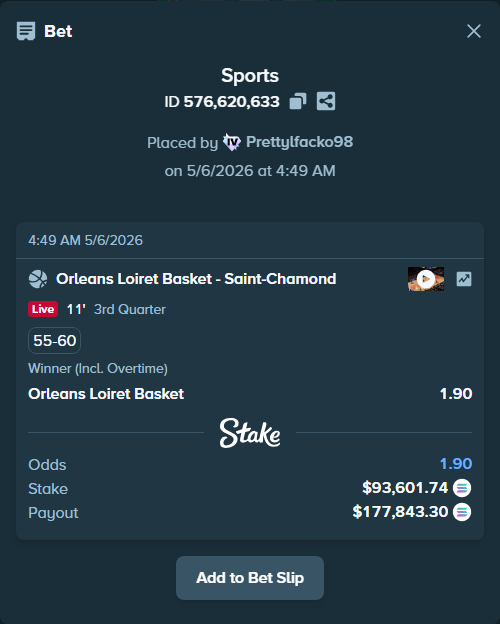 Bet slip: Orleans Loiret Basket - Saint-Chamond, $80,101.82 stake at 1.90 odds, placed by Prettylfacko98