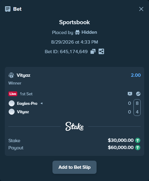 Bet slip: Orly-Pro - Vityaz, $30,000.00 stake at 2.00 odds, placed by Hidden