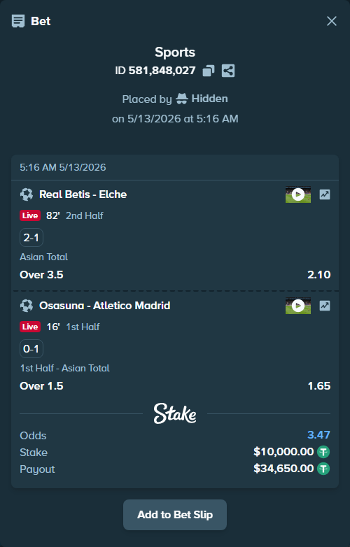 Bet slip: Osasuna - Atletico Madrid, $10,000.00 stake at 1.65 odds, placed by Hidden