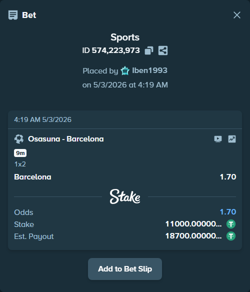 Bet slip: Osasuna - Barcelona, $11,000.00 stake at 1.70 odds, placed by Iben1993