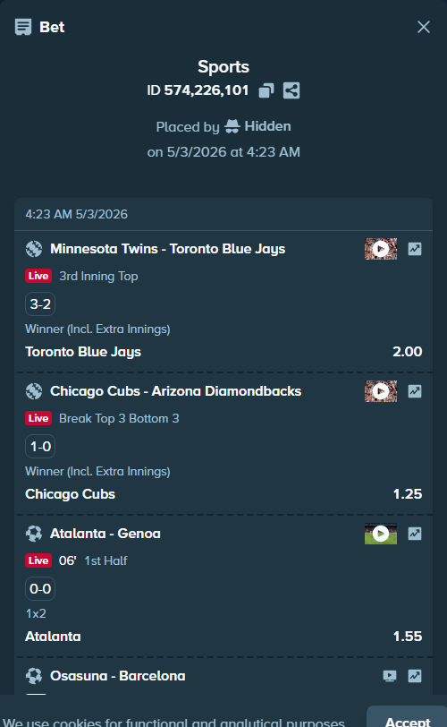 Bet slip: Osasuna - Barcelona, $17,078.73 stake at 1.69 odds, placed by Hidden