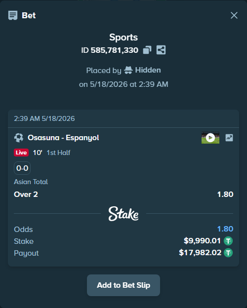 Bet slip: Osasuna - Espanyol, $10,000.00 stake at 1.80 odds, placed by Hidden