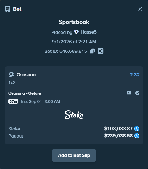 Bet slip: Osasuna - Getafe, $103,033.87 stake at 2.32 odds, placed by Hasse5