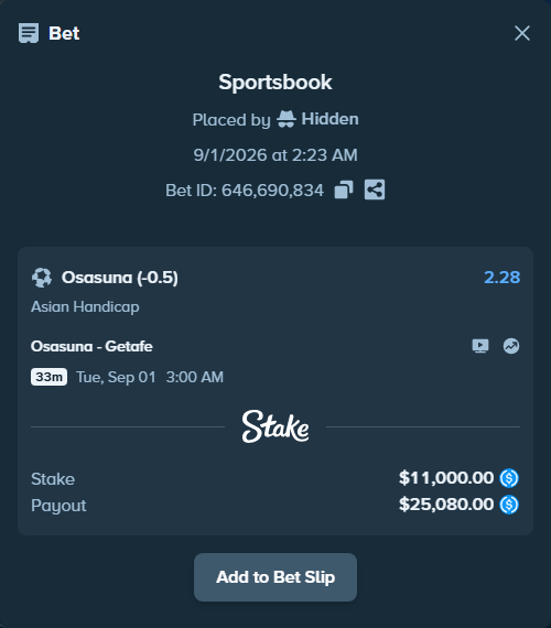 Bet slip: Osasuna - Getafe, $11,000.00 stake at 2.28 odds, placed by Hidden