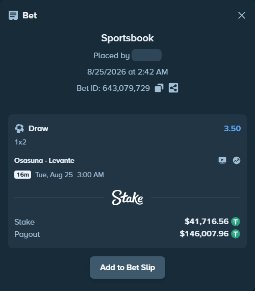 Bet slip: Osasuna - Levante, $41,716.56 stake at 3.50 odds, placed by partizanti22