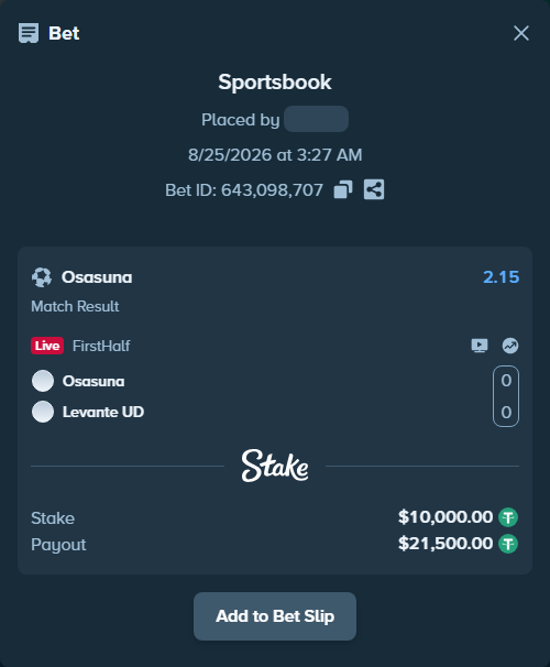 Bet slip: Osasuna - Levante UD, $10,000.00 stake at 2.15 odds, placed by formasimple