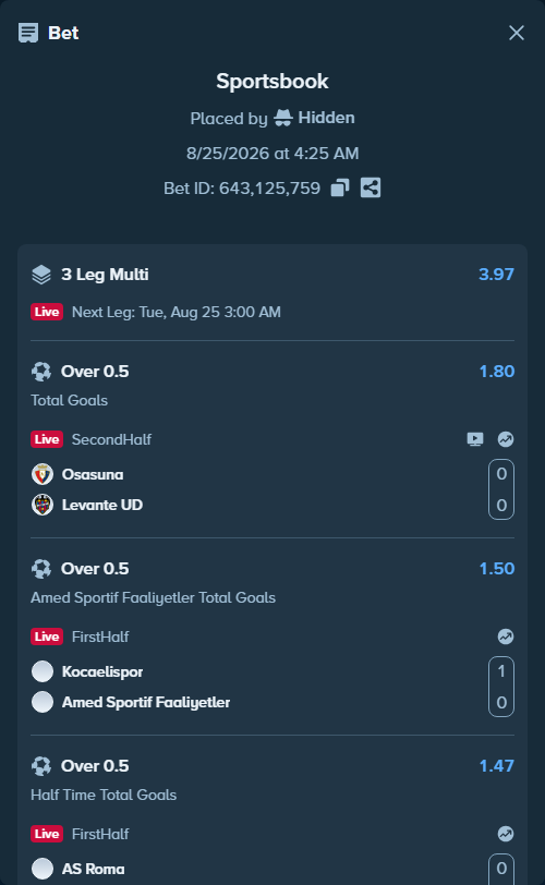 Bet slip: Osasuna - Levante UD, $15,000.00 stake at 1.80 odds, placed by Hidden