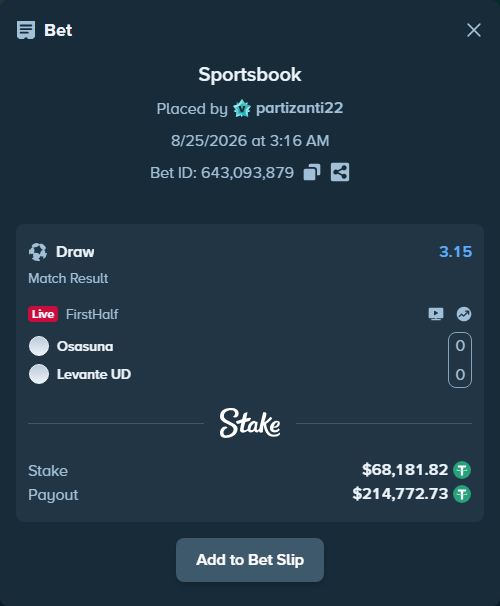 Bet slip: Osasuna - Levante UD, $68,181.82 stake at 3.15 odds, placed by partizanti22