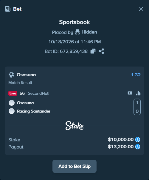 Bet slip: Osasuna - Racing Santander, $10,000.00 stake at 1.32 odds, placed by Andhjelm