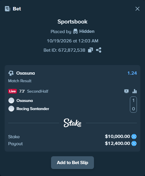 Bet slip: Osasuna - Racing Santander, $10,000.00 stake at 1.24 odds, placed by olavandr