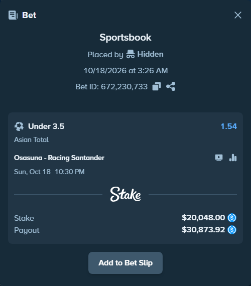 Bet slip: Osasuna - Racing Santander, $20,048.00 stake at 1.54 odds, placed by qwertea
