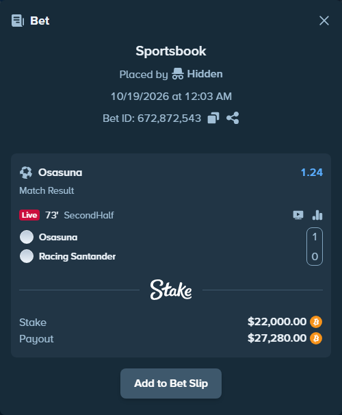 Bet slip: Osasuna - Racing Santander, $21,794.86 stake at 1.24 odds, placed by Espnik
