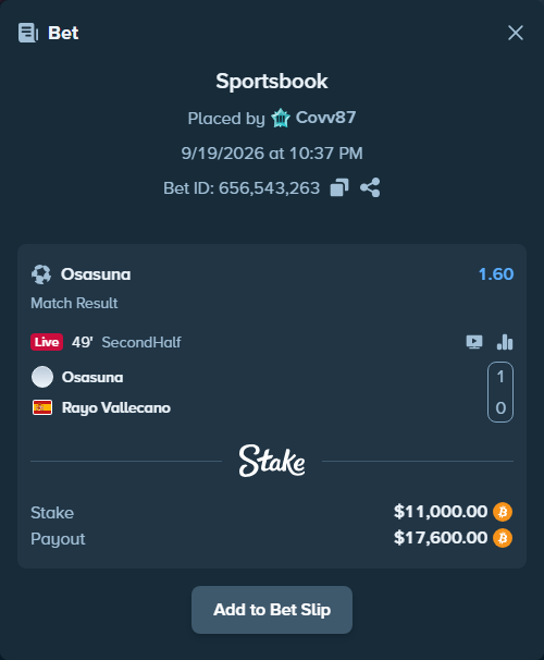 Bet slip: Osasuna - Rayo Vallecano, $11,023.70 stake at 1.60 odds, placed by Covv87