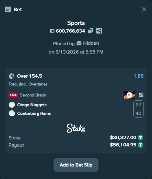 Bet slip: Otago Nuggets - Canterbury Rams, $30,357.33 stake at 1.85 odds, placed by Hidden