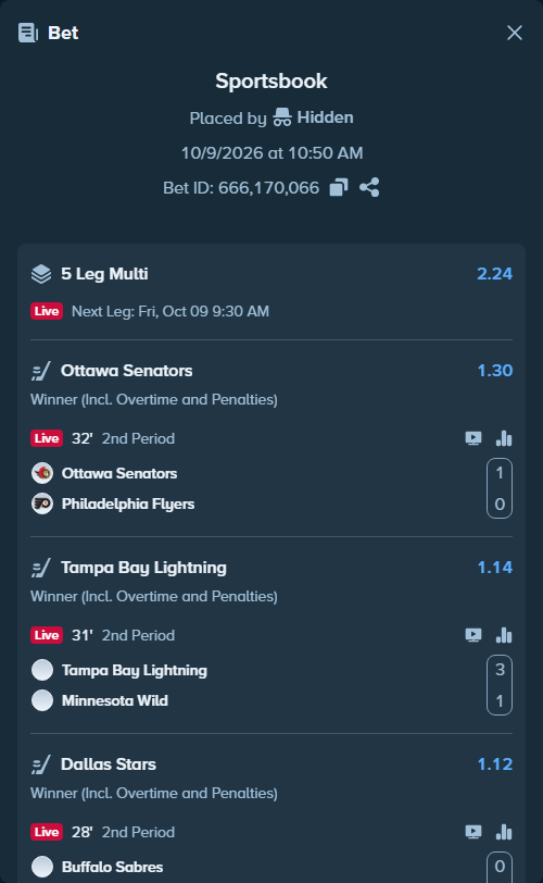 Bet slip: Ottawa Senators - Philadelphia Flyers, $14,998.00 stake at 1.30 odds, placed by Chitico19