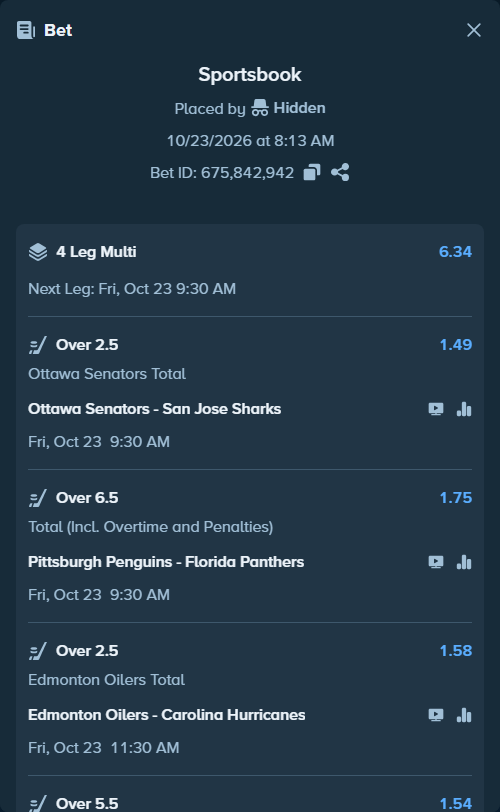 Bet slip: Ottawa Senators - San Jose Sharks, $12,245.00 stake at 1.49 odds, placed by Hidden
