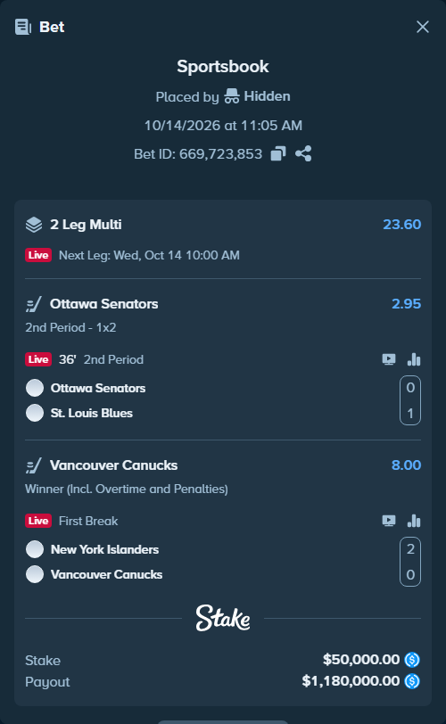 Bet slip: Ottawa Senators - St. Louis Blues, $50,000.00 stake at 2.95 odds, placed by Hidden
