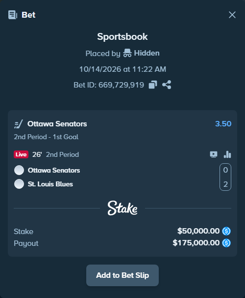 Bet slip: Ottawa Senators - St. Louis Blues, $50,000.00 stake at 3.50 odds, placed by Hidden