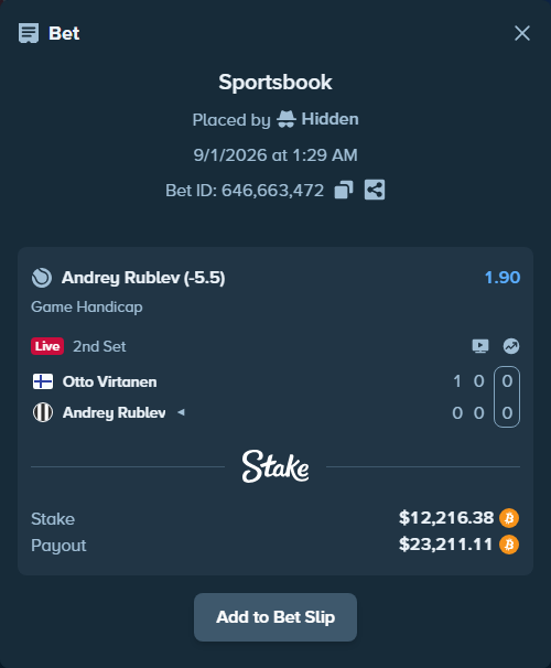 Bet slip: Otto Virtanen - Andrey Rublev, $12,202.96 stake at 1.90 odds, placed by Hidden