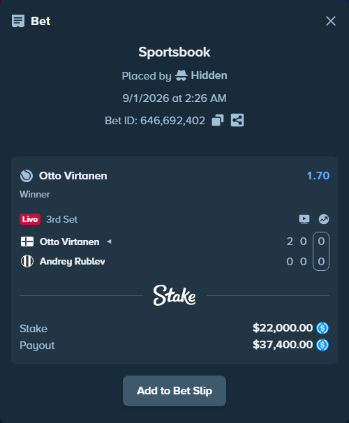 Bet slip: Otto Virtanen - Andrey Rublev, $22,000.00 stake at 1.70 odds, placed by Hidden