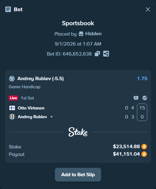 Bet slip: Otto Virtanen - Andrey Rublev, $23,581.82 stake at 1.75 odds, placed by Hidden