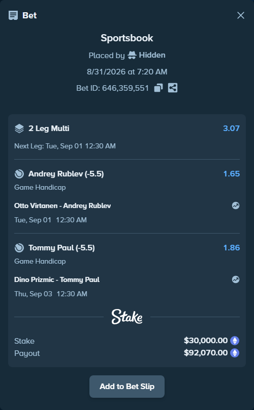 Bet slip: Otto Virtanen - Andrey Rublev, $29,978.15 stake at 1.65 odds, placed by Hidden