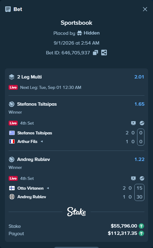 Bet slip: Otto Virtanen - Andrey Rublev, $55,796.00 stake at 1.22 odds, placed by Hidden