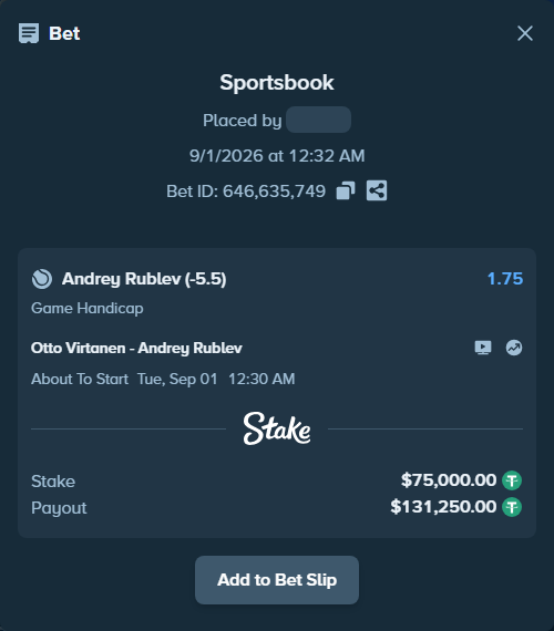 Bet slip: Otto Virtanen - Andrey Rublev, $75,000.00 stake at 1.75 odds, placed by Zubkov1