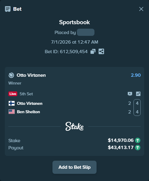 Bet slip: Otto Virtanen - Ben Shelton, $15,000.00 stake at 2.90 odds, placed by piropiro12