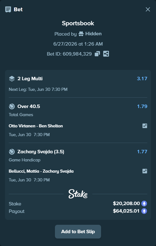 Bet slip: Otto Virtanen - Ben Shelton, $21,672.48 stake at 1.79 odds, placed by Hidden