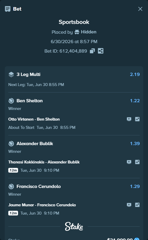 Bet slip: Otto Virtanen - Ben Shelton, $21,000.00 stake at 1.22 odds, placed by Hidden