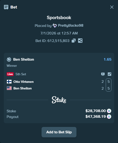 Bet slip: Otto Virtanen - Ben Shelton, $32,301.66 stake at 1.65 odds, placed by Prettylfacko98