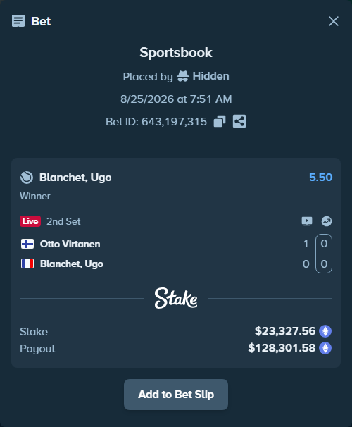 Bet slip: Otto Virtanen - Blanchet, Ugo, $23,276.99 stake at 5.50 odds, placed by Hidden