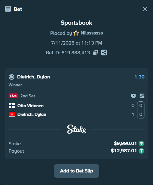 Bet slip: Otto Virtanen - Dietrich, Dylan, $10,000.00 stake at 1.30 odds, placed by Nilsssssss