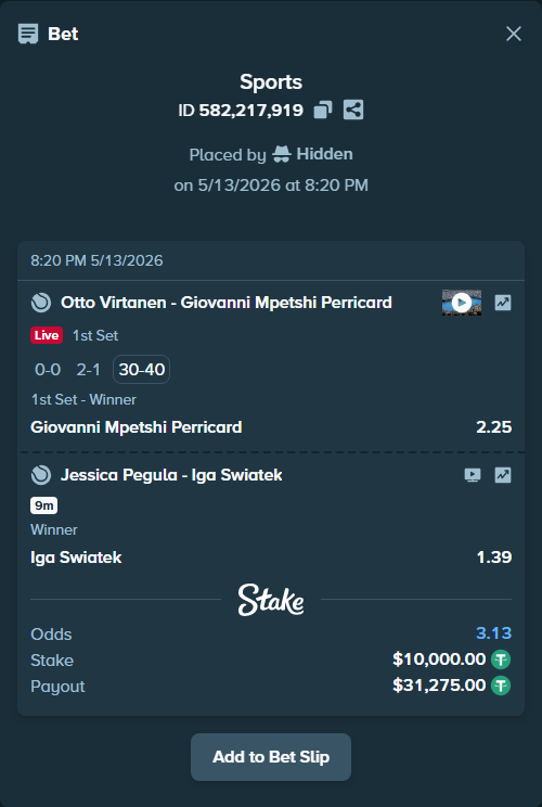 Bet slip: Otto Virtanen - Giovanni Mpetshi Perricard, $10,000.00 stake at 2.25 odds, placed by Hidden
